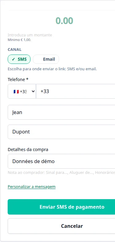 Ecrã móvel PayLinker para criar um pedido de pagamento