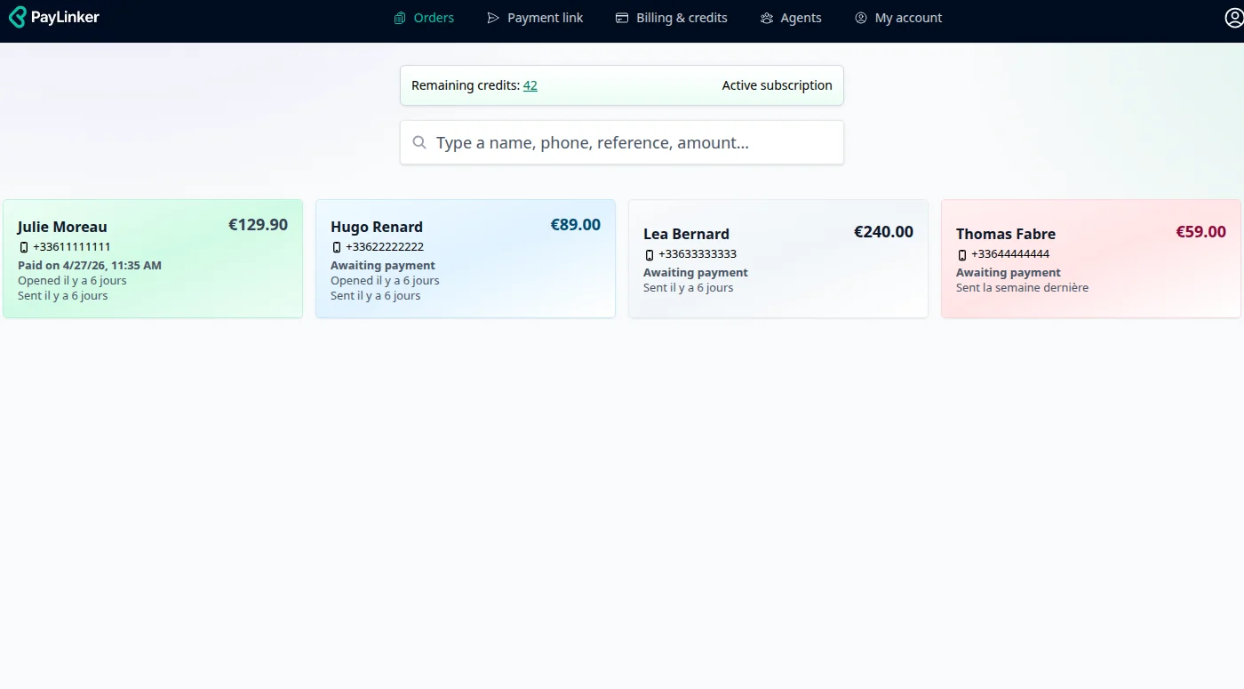 PayLinker dashboard tracking payment requests
