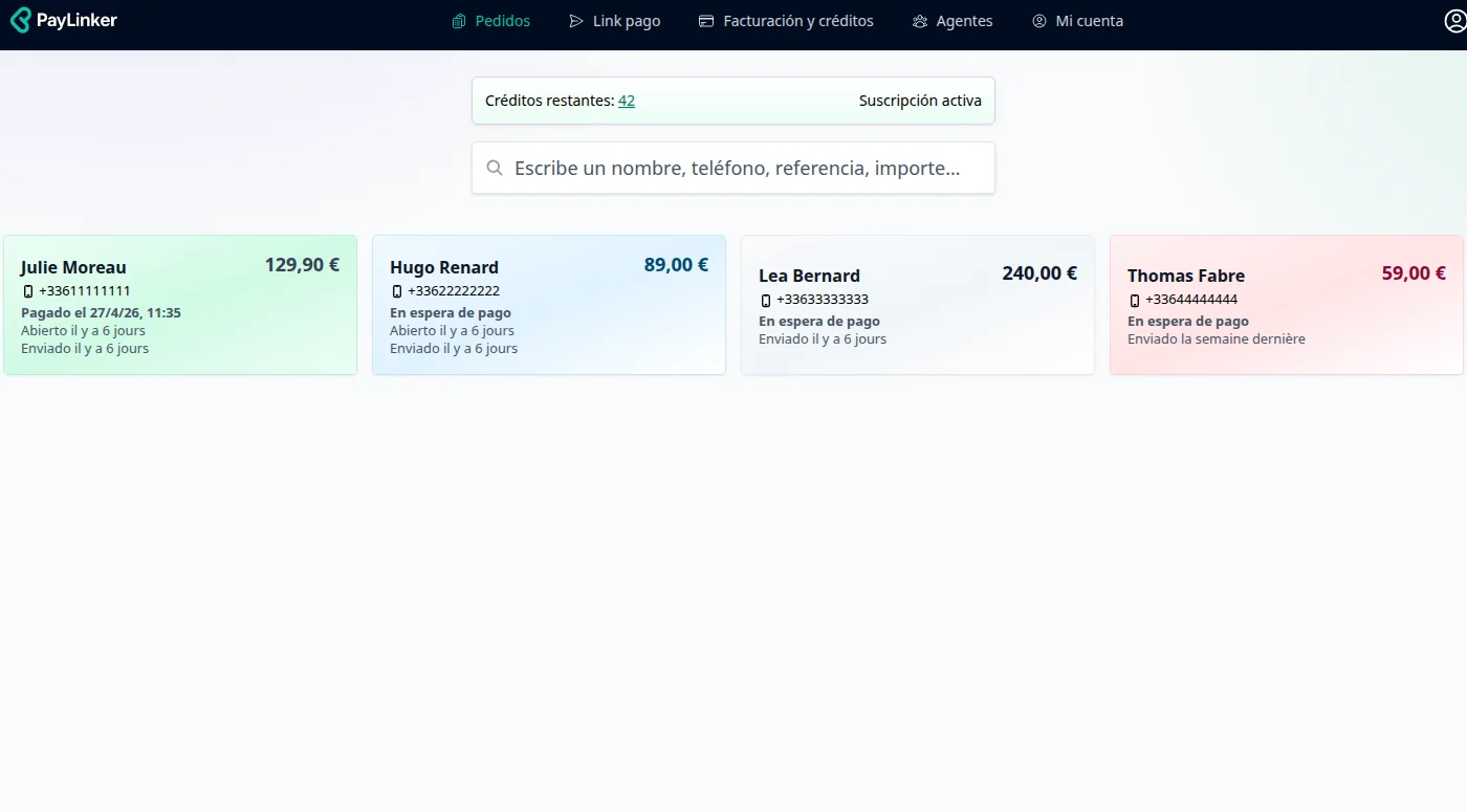 Panel PayLinker con seguimiento de solicitudes de pago