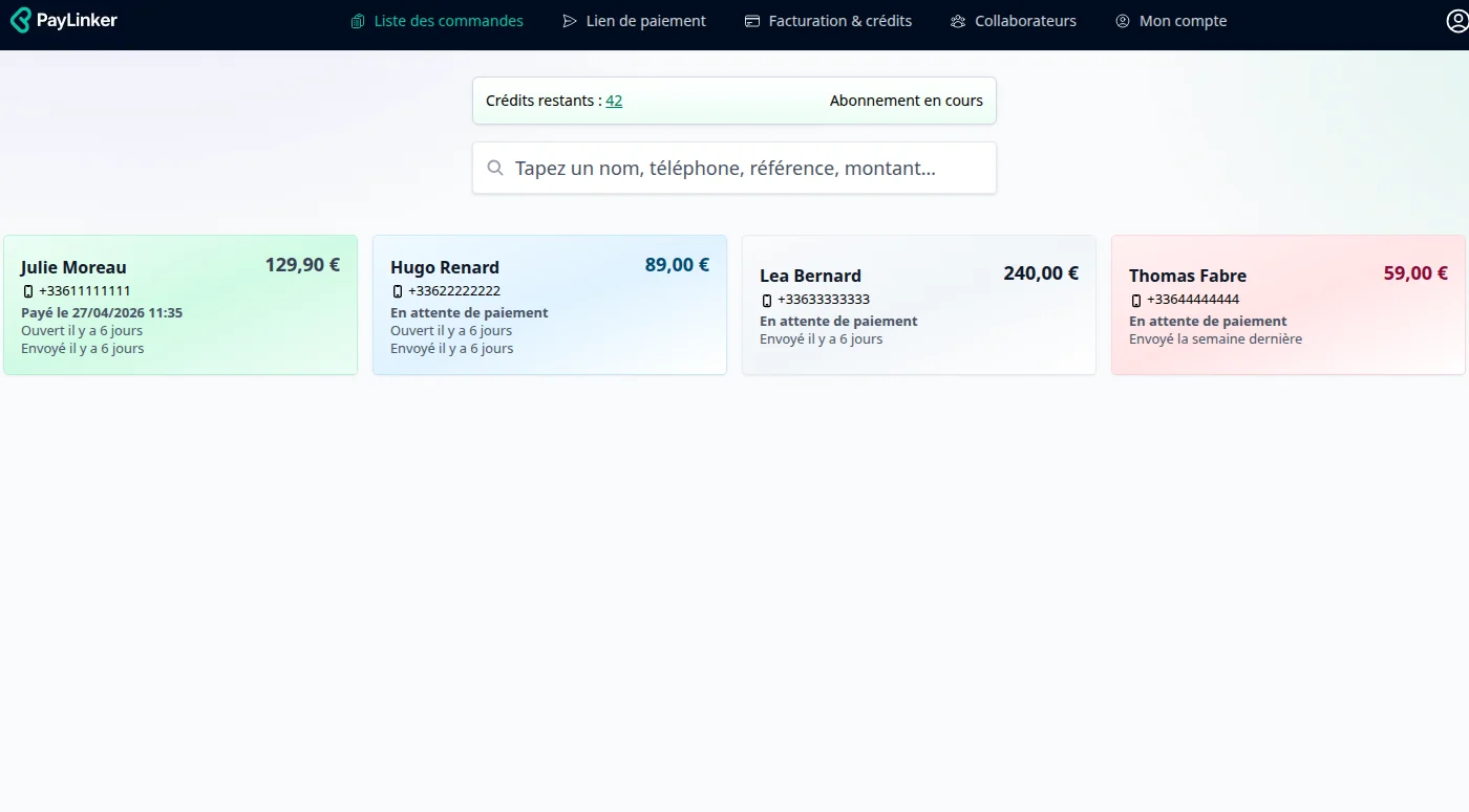 Interface PayLinker affichant la liste des commandes et paiements