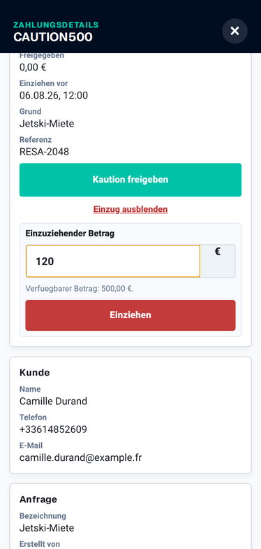 PayLinker Mobile Screenshot zum Erstellen einer Kaution