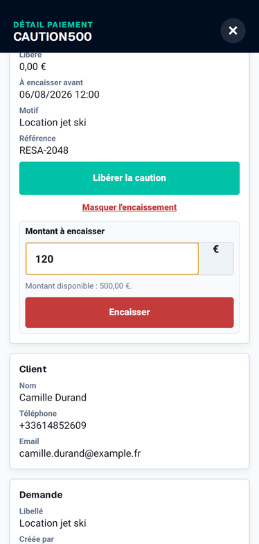 Capture mobile PayLinker pour libérer ou encaisser une caution