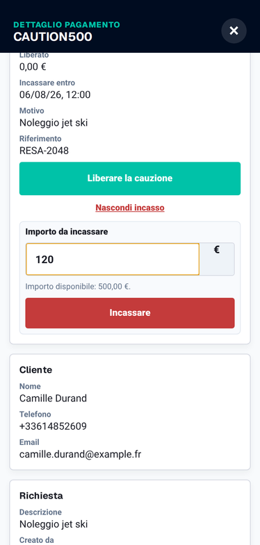 Screenshot mobile PayLinker per creare una cauzione