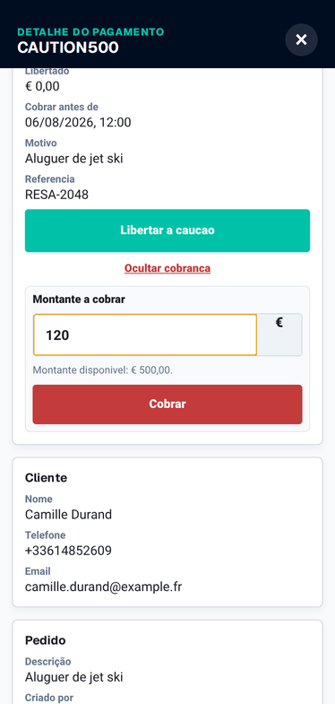 Captura móvel PayLinker para libertar ou capturar uma caução
