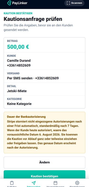 Lokalisierter PayLinker Mobile Screenshot zur Kaution