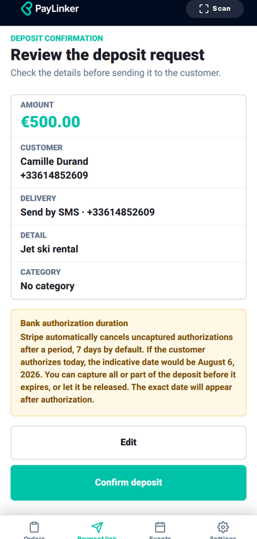 Localized PayLinker mobile screenshot for creating a security deposit