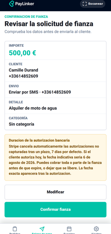 Captura móvil PayLinker localizada para crear una fianza