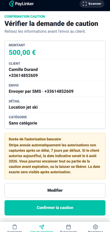 Capture mobile PayLinker localisée pour créer une caution