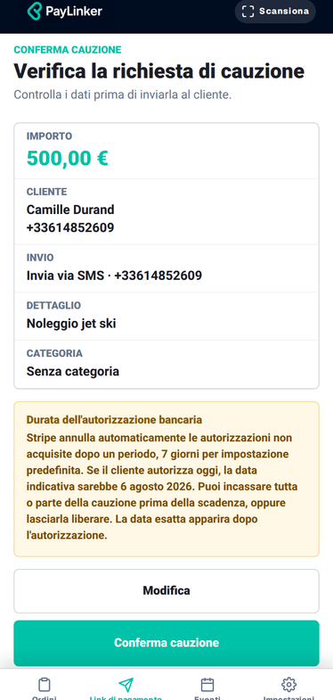 Screenshot mobile PayLinker localizzato per creare una cauzione