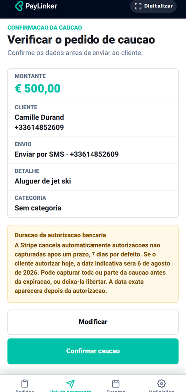 Captura móvel PayLinker localizada para criar uma caução