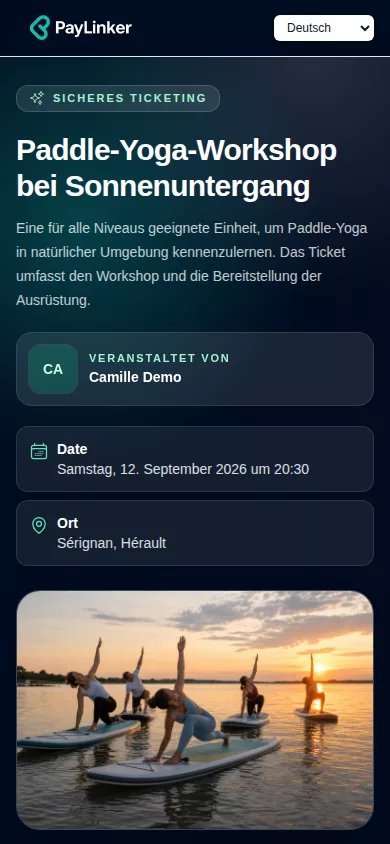 PayLinker Mobile-Screenshot einer Online-Ticketing-Seite