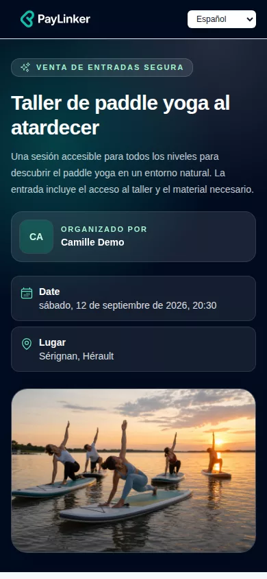 Captura móvil de PayLinker de una página de venta de entradas