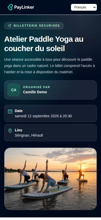 Capture mobile PayLinker d’une page de billetterie en ligne