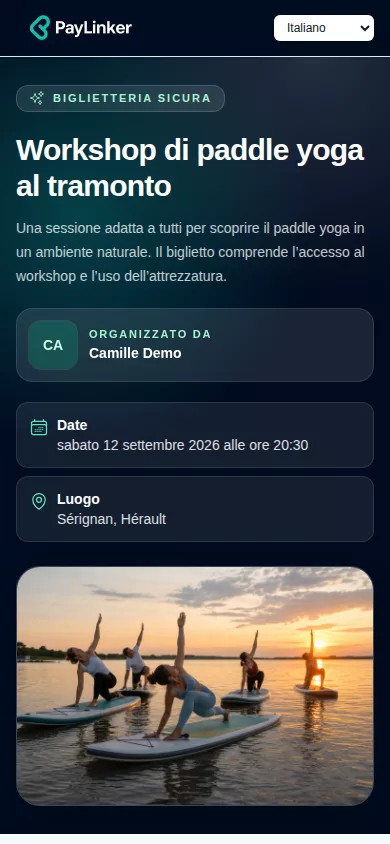Screenshot mobile PayLinker di una pagina di biglietteria online