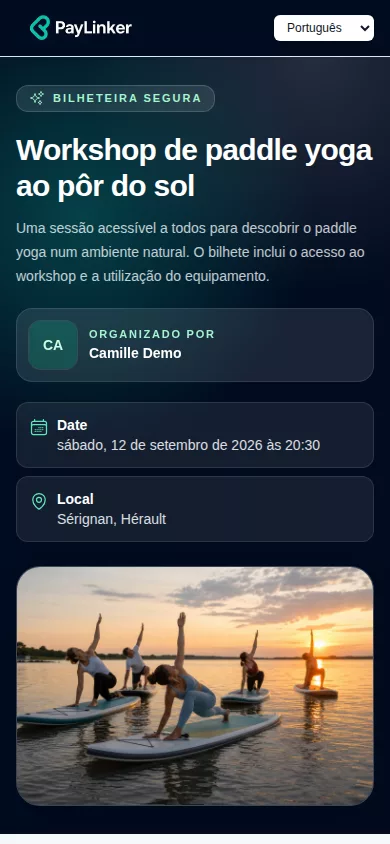 Captura móvel PayLinker de uma página de bilheteira online
